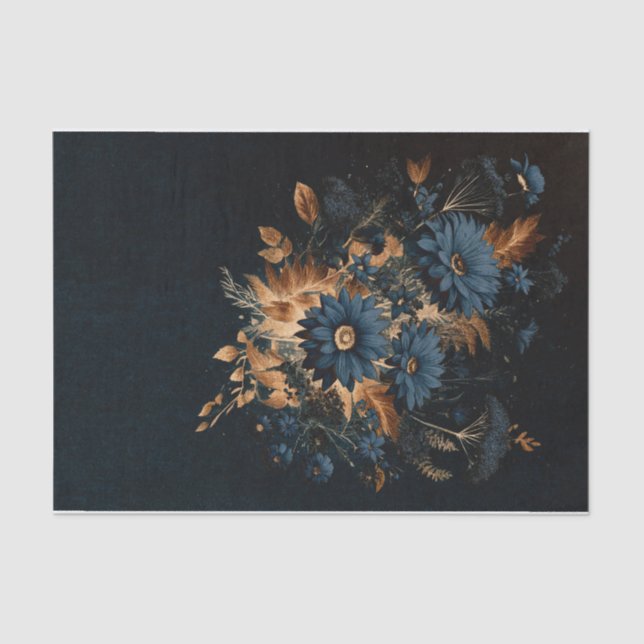 Dark Navy Blue Gold Rustic Floral Glam Wedding Tissue Paper (Front)