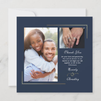 Dark Navy Blue Gold White Script Photo Thank You Invitation