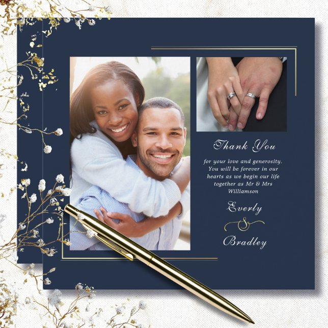 Dark Navy Blue Gold White Script Photo Thank You  Invitation (Creator Uploaded)
