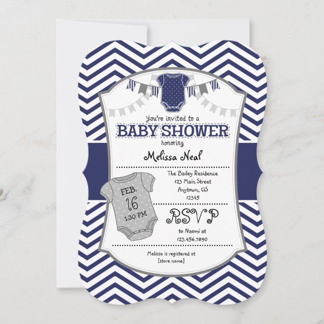 Dark Navy Blue Grey Chevron Baby Shower Invitation (Front)