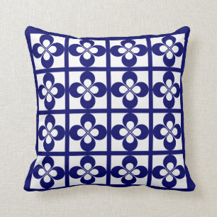 Dark Navy Blue on White Geometric Floral Cushion
