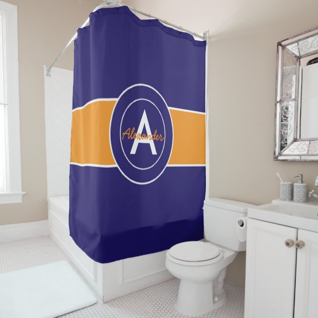 Dark Navy Blue Orange Shower Curtain (In Situ)