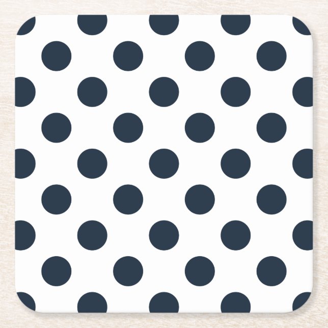 Dark navy blue polka dots square paper coaster (Front)