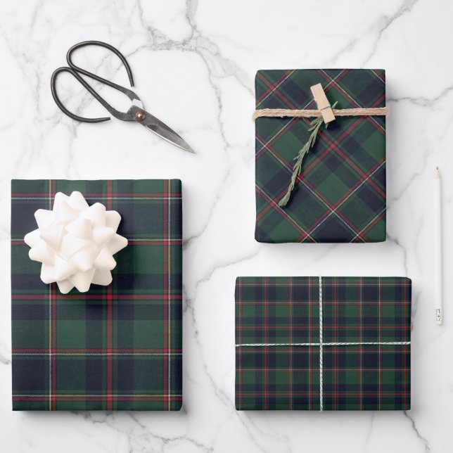 Dark Navy Blue Red Green Plaid Pattern Holiday Wrapping Paper Sheet (Front)