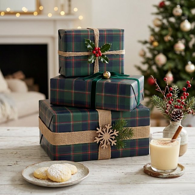 Dark Navy Blue Red Green Plaid Wrapping Paper (Creator Uploaded)