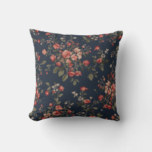 Dark Navy Blue Red Sage Cottage Floral Cushion