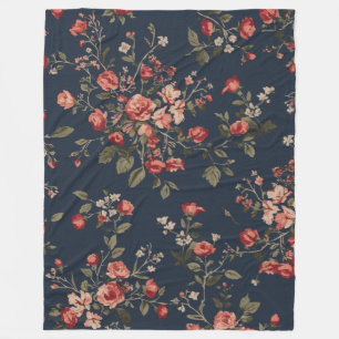 Dark Navy Blue Red Sage Cottage Floral Fleece Blanket