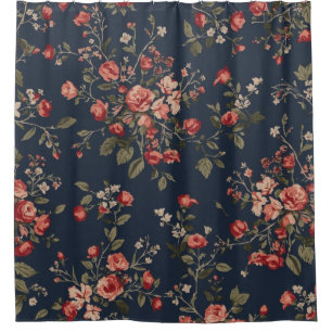 Dark Navy Blue Red Sage Cottage Floral Shower Curtain