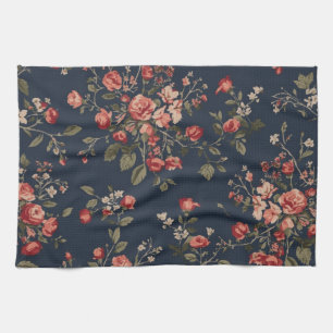 Dark Navy Blue Red Sage Cottage Floral Tea Towel
