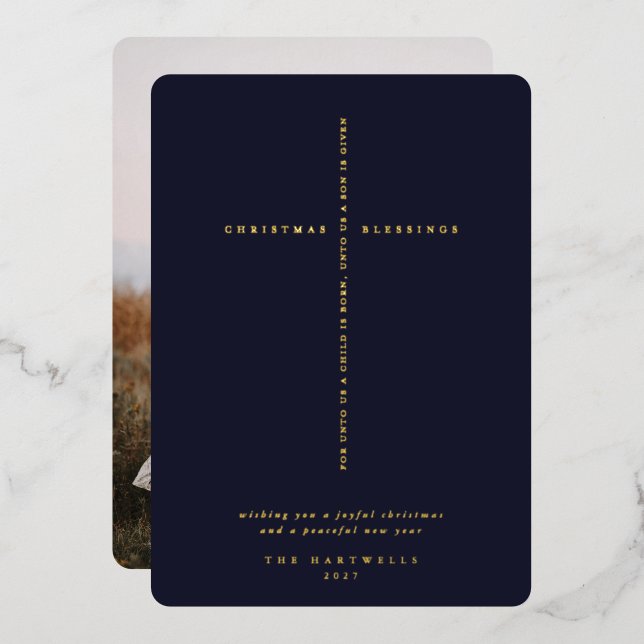 Dark Navy Blue Scripture Cross Photo (Front/Back)