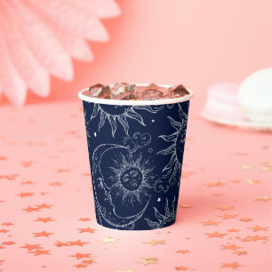 Dark Navy Blue Vintage Sun Moon Celestial Sky  Paper Cups