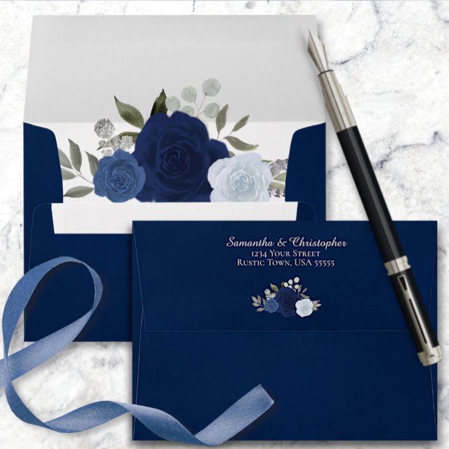 Dark Navy Blue Watercolor Floral Elegant Wedding Envelope (Creator Uploaded)