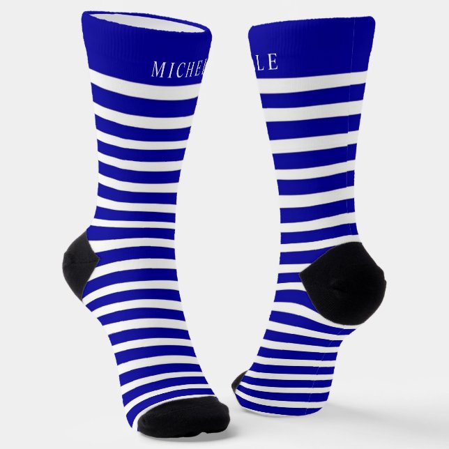 Dark Navy Blue White Retro Striped Custom Name  Socks (Angled)