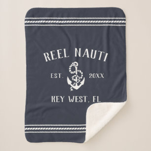 Dark Navy Blue & White Rustic Anchor Boat Name Sherpa Blanket
