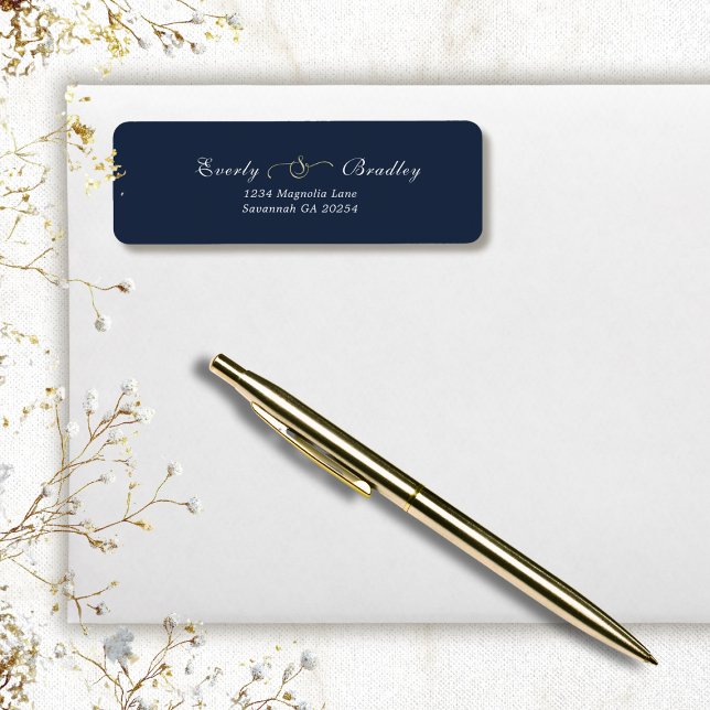 Dark Navy Blue White Script Elegant Return Address (Creator Uploaded)