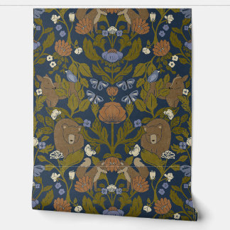 Dark Navy Blue Woodland Block Print Damask Wallpaper