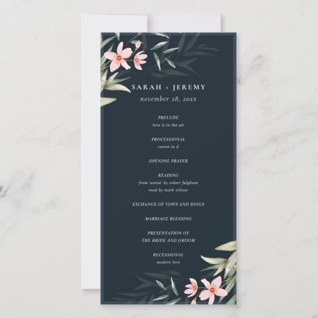 Dark Navy Blush Greenery Floral Wedding Program Thank You Card (Front)