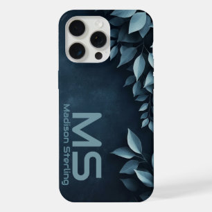 Dark Navy Botanical Leaves Monogram iPhone Case 