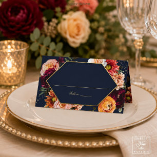 Dark Navy Burgundy Orange Rust Rose Floral Wedding Place Card