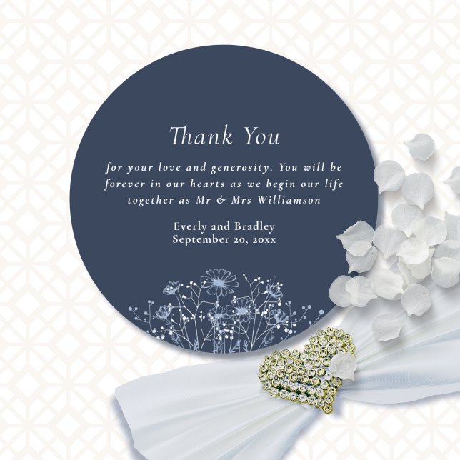 Dark Navy Classic Wildflower Wedding Thank You   Classic Round Sticker (Creator Uploaded)