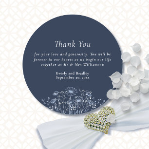 Dark Navy Classic Wildflower Wedding Thank You   Round Sticker