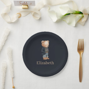 Dark Navy Custom Name Teddy Bear Boy Baby Shower Paper Plate