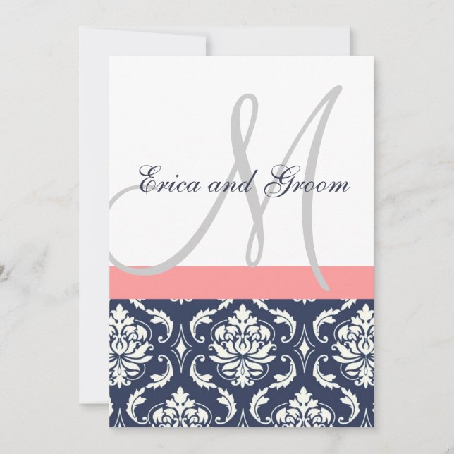Dark Navy Damask Coral Monogram Wedding Invitation (Front)