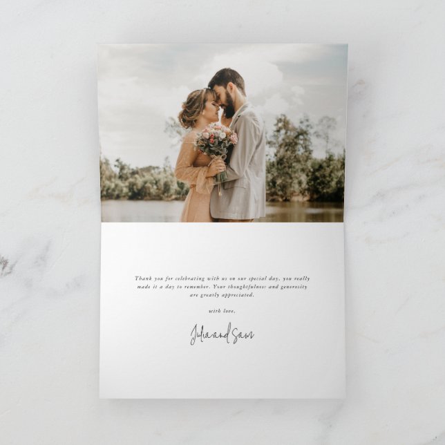 Dark Navy Elegant Script Wedding Photo+Message Thank You Card (Inside)