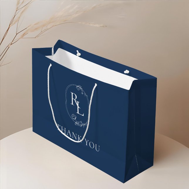 Dark Navy | Floral Monogram Wedding Thank You Large Gift Bag (Creator Uploaded)