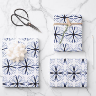 Dark Navy Flower Design Customisable Background  Wrapping Paper Sheet