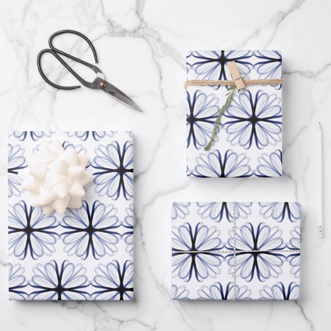 Dark Navy Flower Design Customisable Background  Wrapping Paper Sheet (Front)