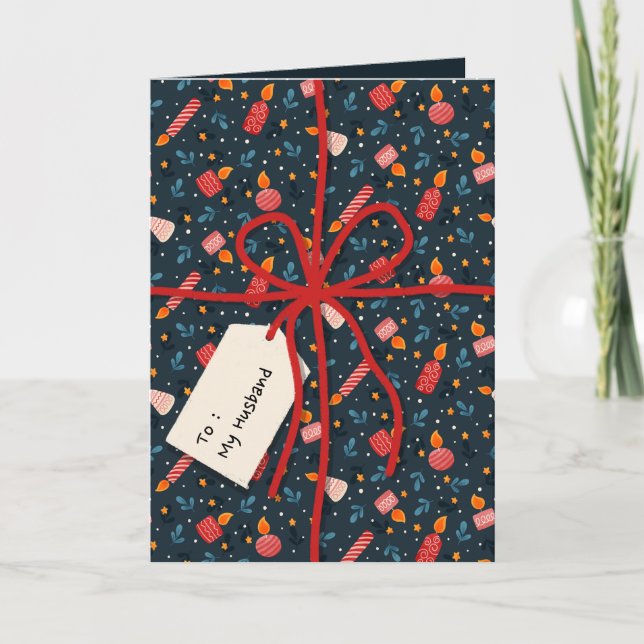 Dark Navy Folk Art Candles & Stars Christmas Card (Front)