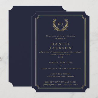 Dark Navy/Gold Monogram Laurel Wreath Graduation I Invitation