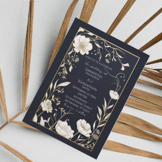 Dark Navy Gold off White Wedding  Invitation