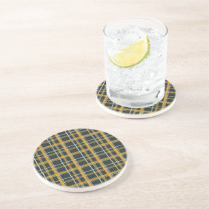 Dark Navy Gold Plaid Aesthetic Coaster