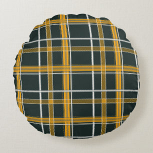 Dark Navy Gold Plaid Aesthetic Round Cushion