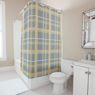 Dark Navy Gold Plaid Aesthetic Shower Curtain