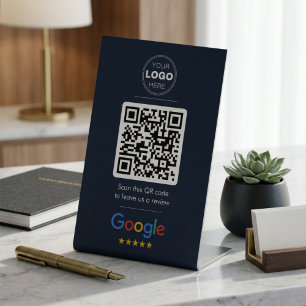 Dark Navy Google Review QR Code Logo Pedestal Sign