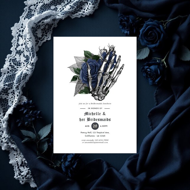 Dark Navy Gothic Floral Bridesmaids Luncheon Invitation (Navy Floral Gothic Skulls Bridesmaids Luncheon Invitation)