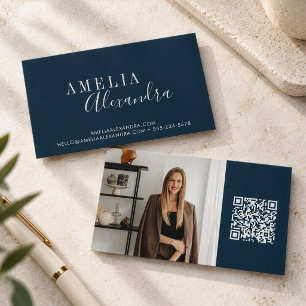 Dark Navy Interior Designer Photo QR Code Branding Business Card