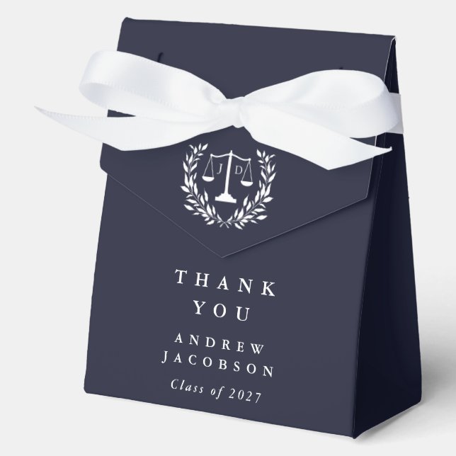 Dark Navy JD Law Scales+Laurel Graduation Favour Box (Front)