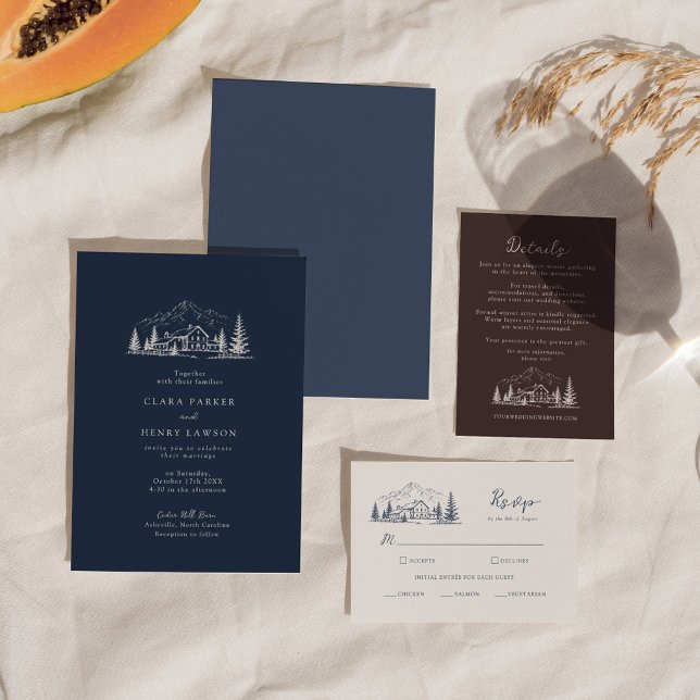 Dark Navy Lodge Winter Wedding Invitation (Creator Uploaded)