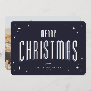 Dark Navy Merry Christmas Retro Stars Flat Photo Holiday Card