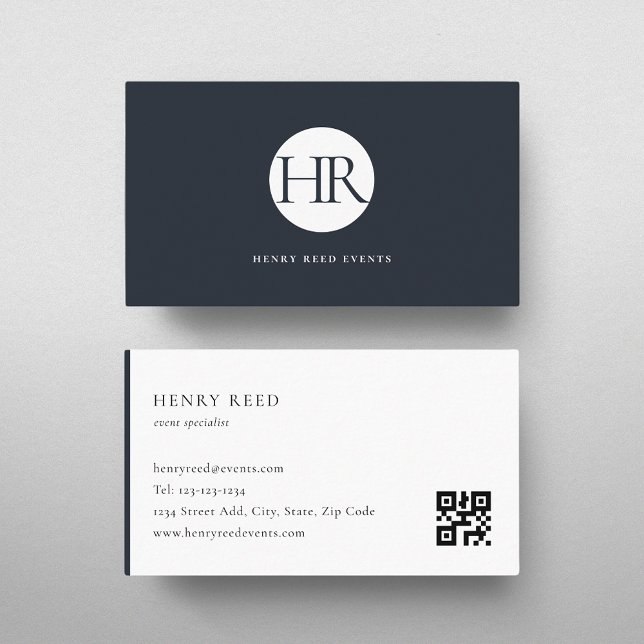 Dark Navy Monogram Logo QR code Business Card (Creator Uploaded)