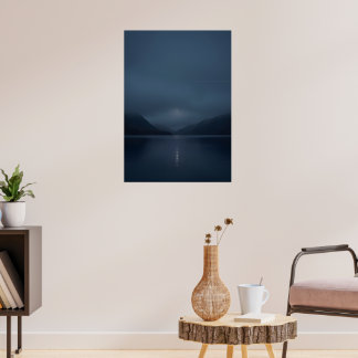 Dark Navy Mountain Lake Reflection Minimalist Art Poster