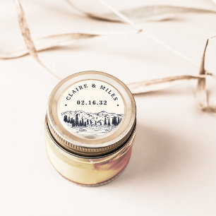 Dark Navy   Mountain Sketch Personalised Wedding Classic Round Sticker