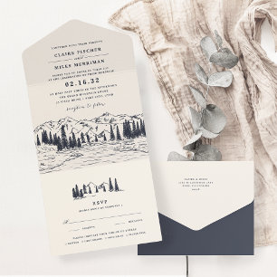 Dark Navy   Mountain Sketch Wedding All In One Invitation