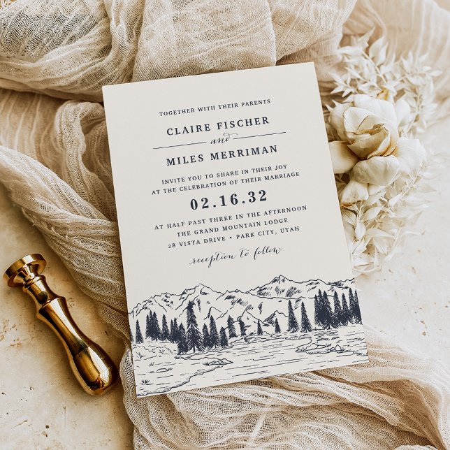 Dark Navy | Mountain Sketch Wedding Invitation (Creator Uploaded)