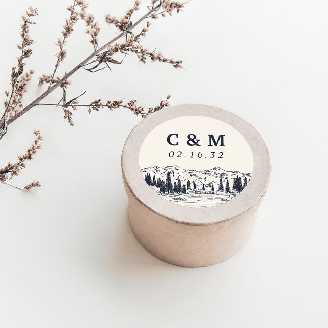 Dark Navy | Mountain Sketch Wedding Monogram Classic Round Sticker (Creator Uploaded)