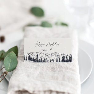 Dark Navy Mountain Sketch Wedding Place Card